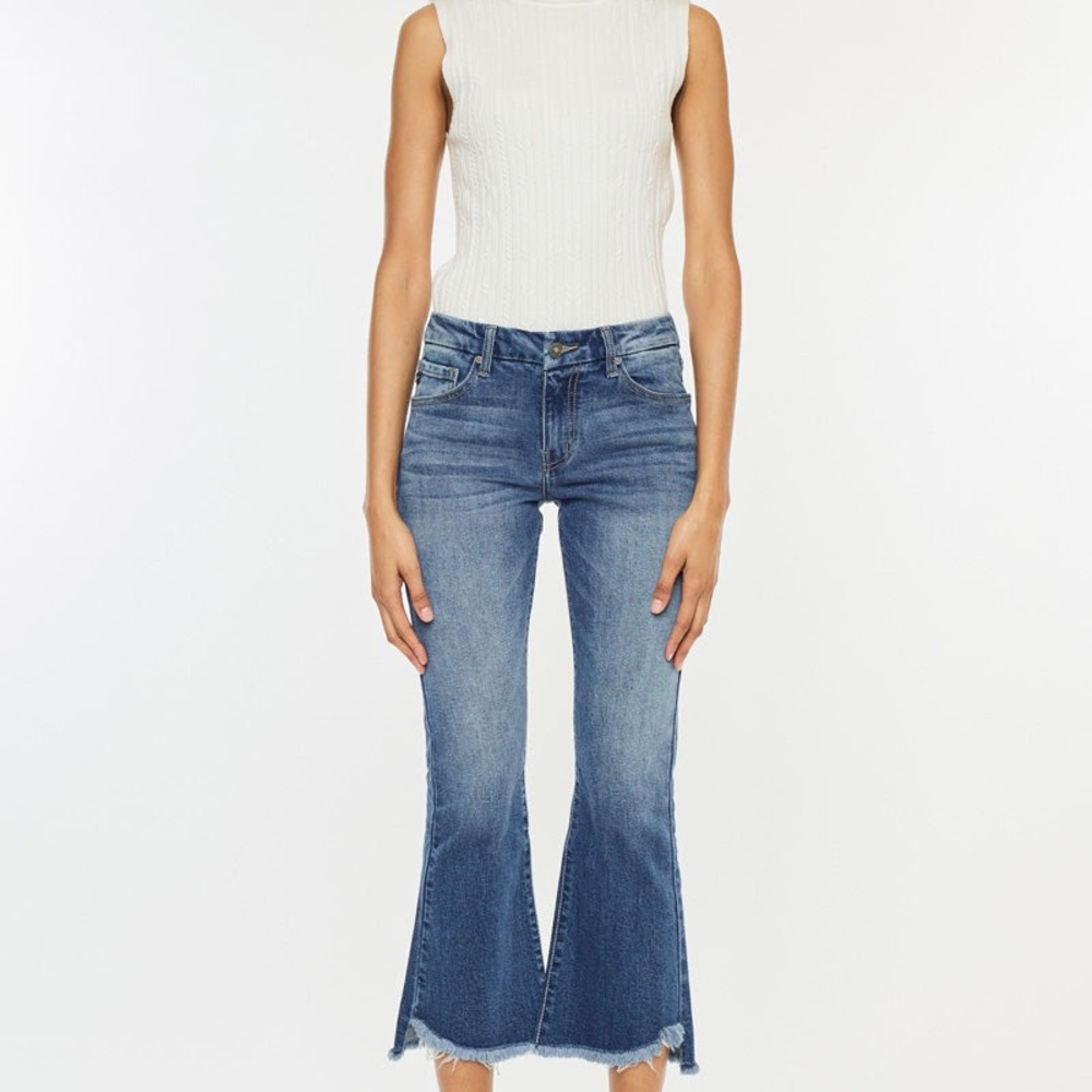 Aida Mid Rise Cropped Flare Jeans – Frayed Hem Stretch
